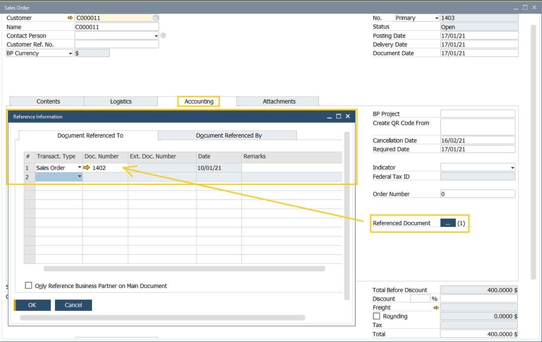 The original document is automatically referenced in the ‘Accounting Tab’ of the SAP Business One v10 Sales Order screen